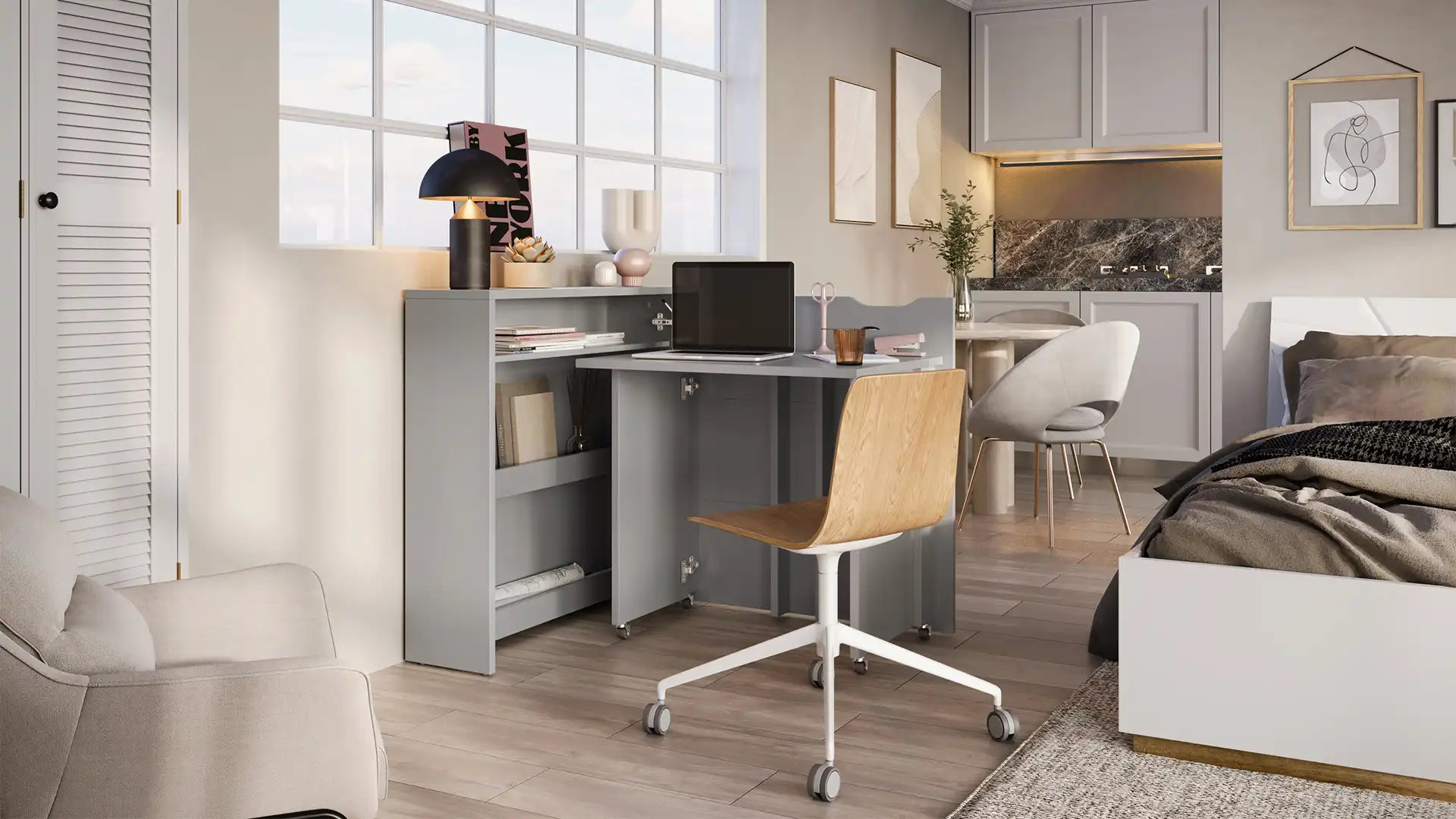 A small bedroom with a closet and a desk